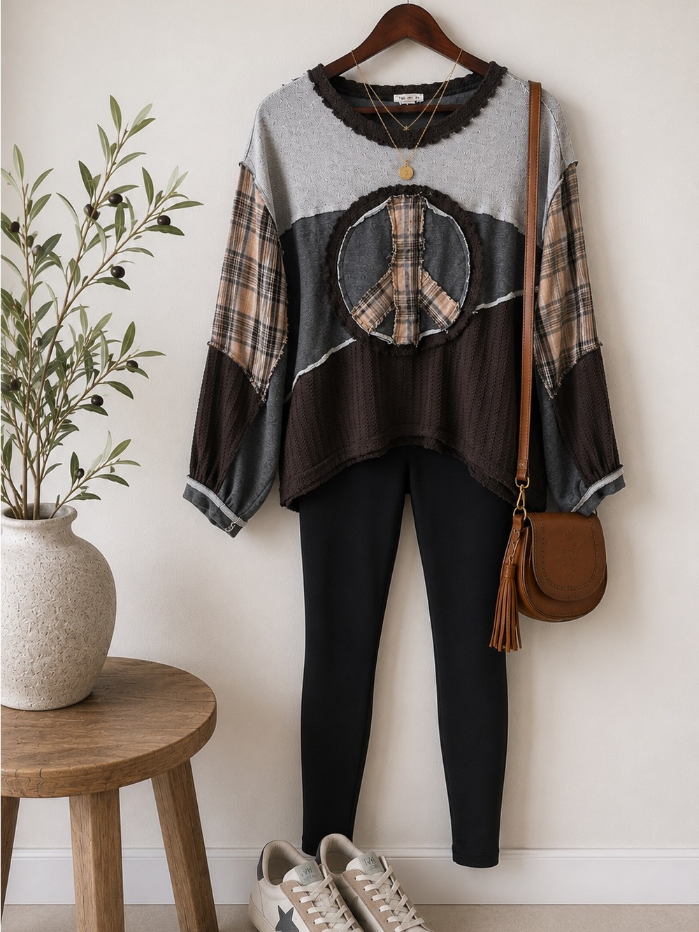 POL Peace Sign Patchwork Sweater | Plaid | Waffle Knit | Oversized | Size M